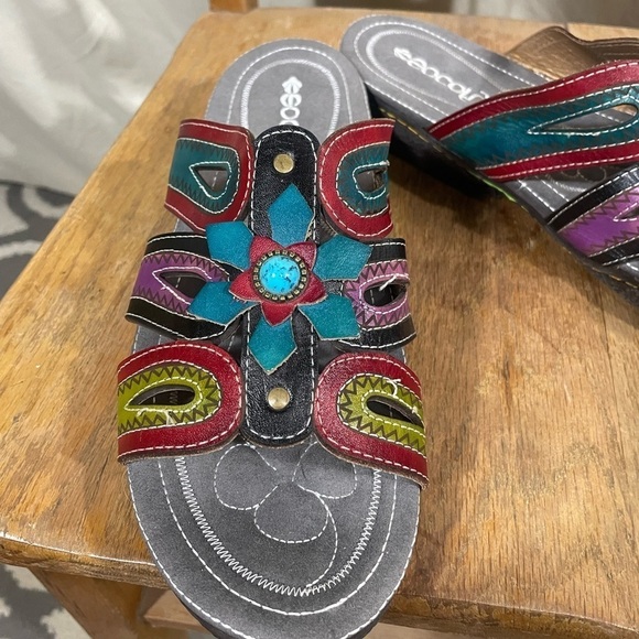 Socofy Women's Sandals Slip On Slides Multicolored Boho Artsy Size EU 42/ US 11 - Picture 2 of 9